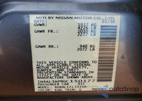 2016 Nissan Altima 2.5 z USA, uszkodzony, nr VIN 1N4AL3AP9GC150177